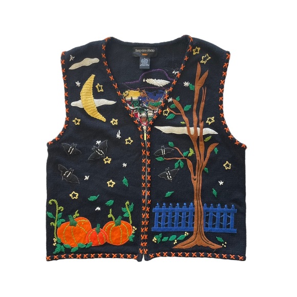 Vintage Jackets & Blazers - Hampshire Studio Halloween Pumpkins Bats Scarecrow Zip Up Vest Medium